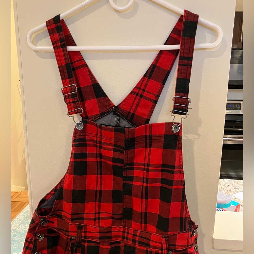 Red and Black Checkered Short Overalls Shortalls